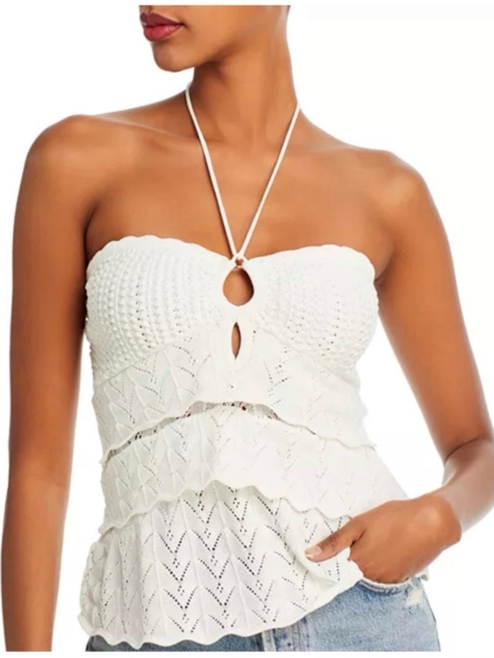 Aqua White Crochet Halter Peplum Tank Top
